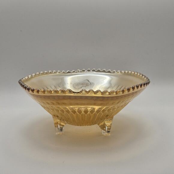 Vtg Carnival Glass Candy Dish Amber Three Footed Beaded Rim Diamond Pointed Ribs - Picture 1 of 8